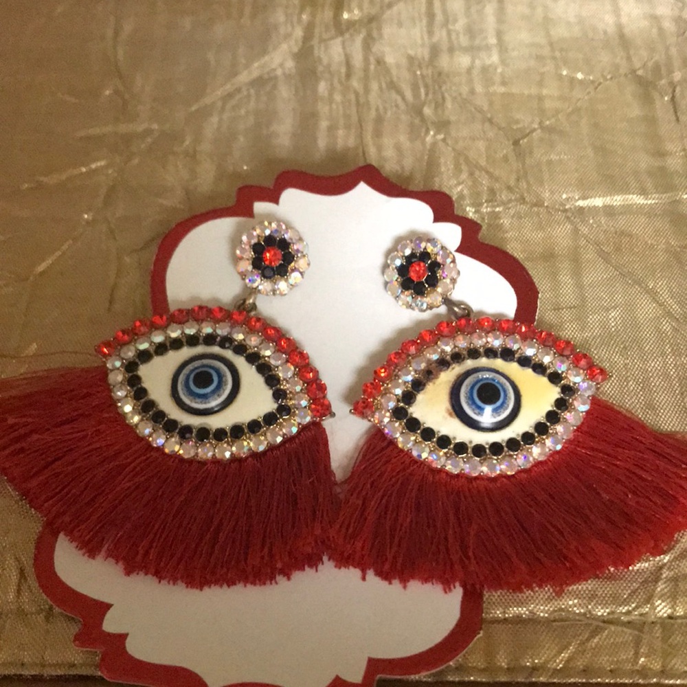1X5 or 2 X 8 white and red evil eye with red tassels